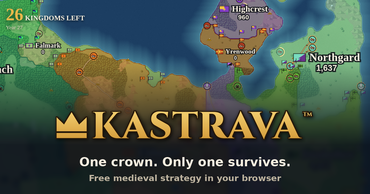 A Kastrava map with dozens of kingdoms at war, with the title Kastrava and the tagline One crown. Only one survives.